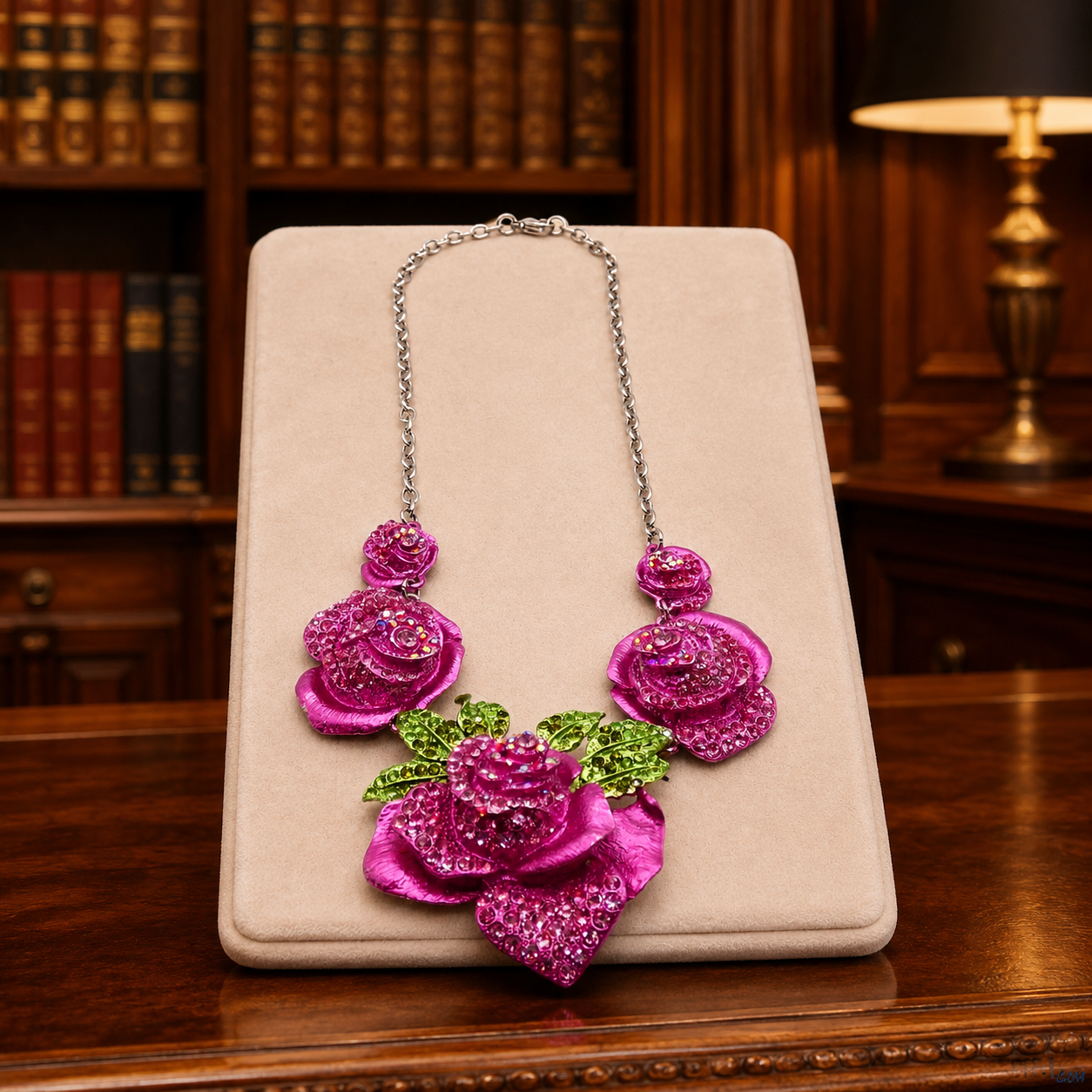Pink Rose Cluster Rhinestone Statement Necklace