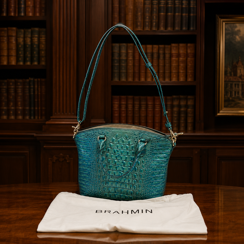 Brahmin Teal Croc Embossed Leather Satchel with Strap