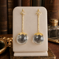 Vintage Style Gold Tone Clip-On Dangle Earrings with Large Clear Crystal Spheres