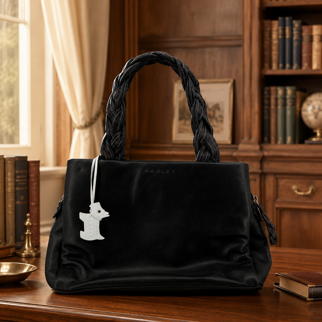 Radley London Black Leather Braided-Handle Shoulder Bag with Scottie Dog Charm