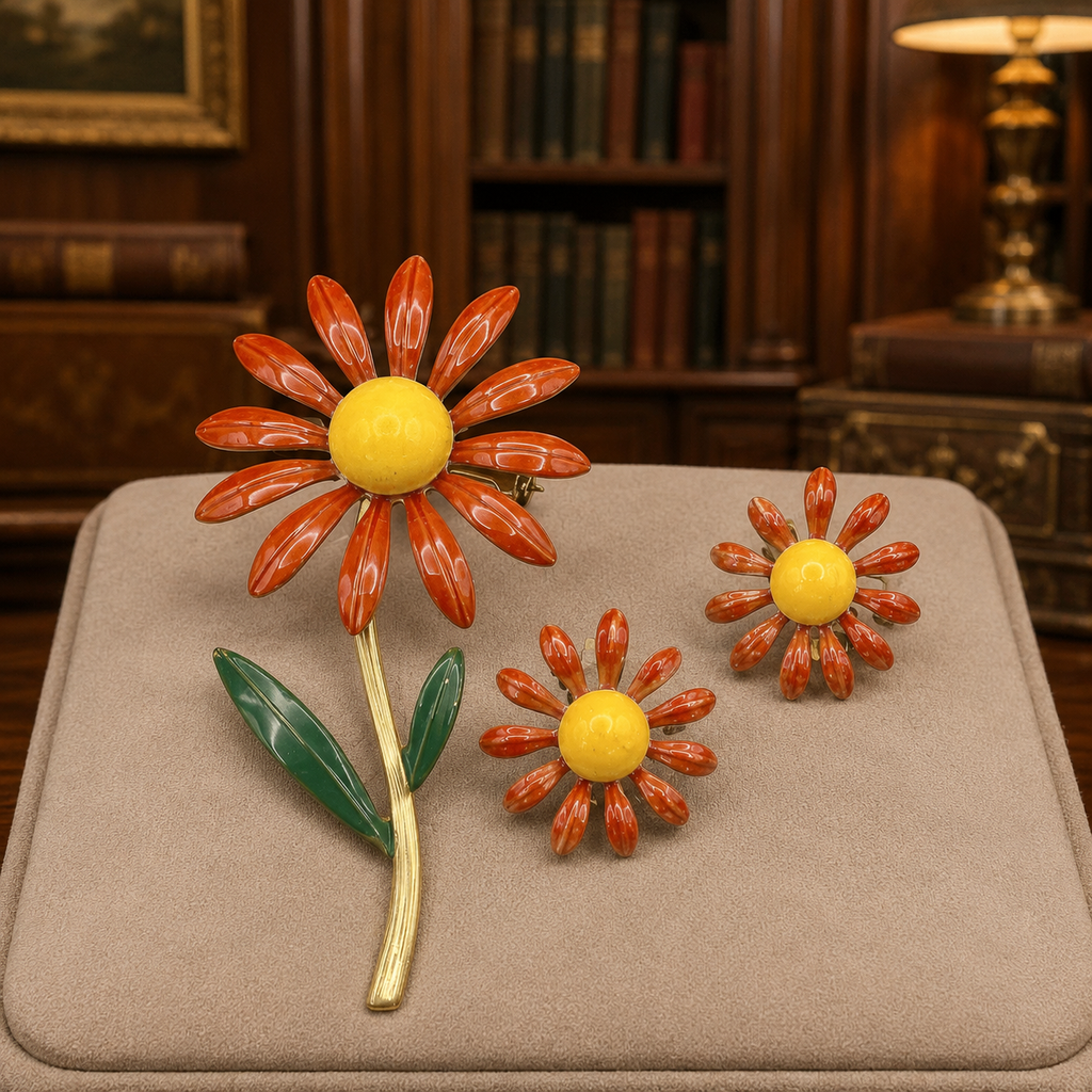 Vintage Orange Yellow Daisy Brooch and Clip Earring Set