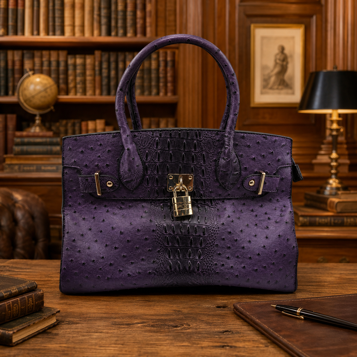 Purple Structured Satchel Handbag with Gold-Tone Lock