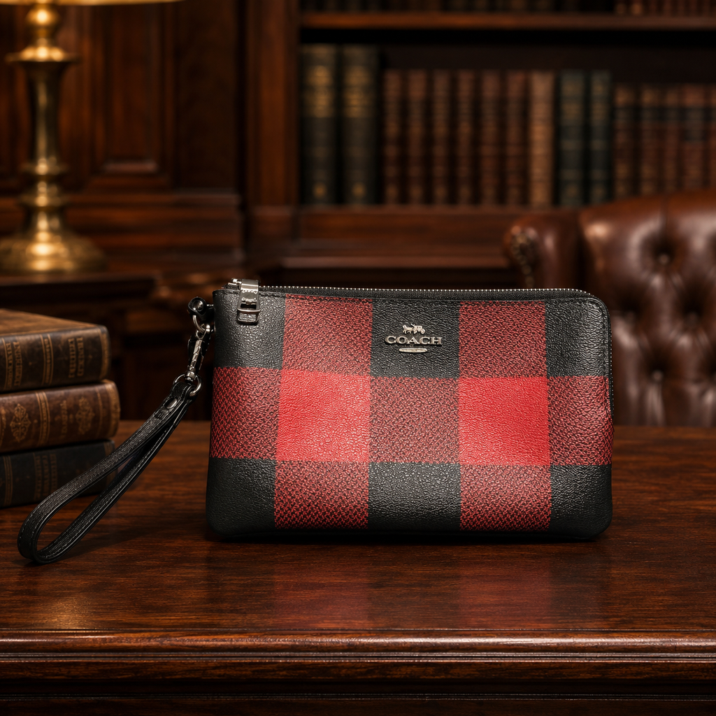 Coach Signature Red & Black Buffalo Check Double-Zip Wristlet Wallet