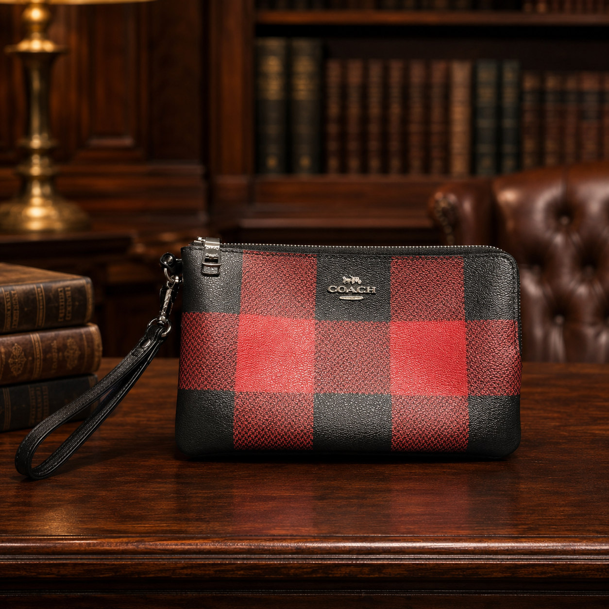 Coach Signature Red & Black Buffalo Check Double-Zip Wristlet Wallet