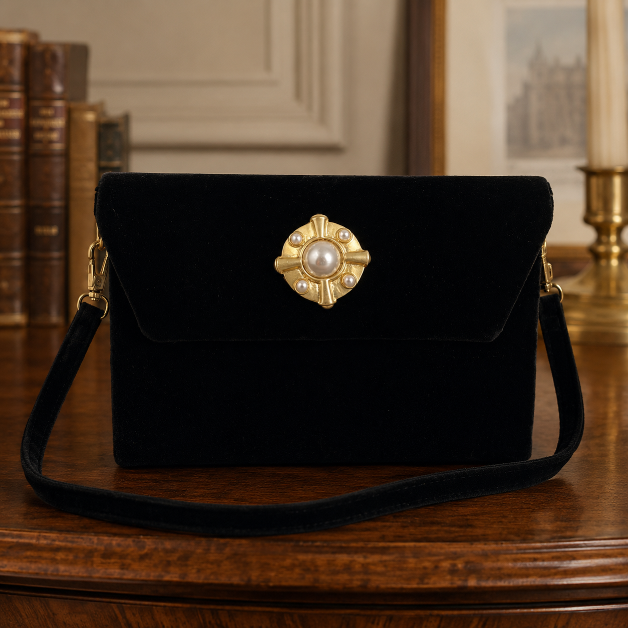 Vintage Carolyne Barton Black Velvet Evening Clutch with Jeweled Medallion | Convertible Crossbody Bag
