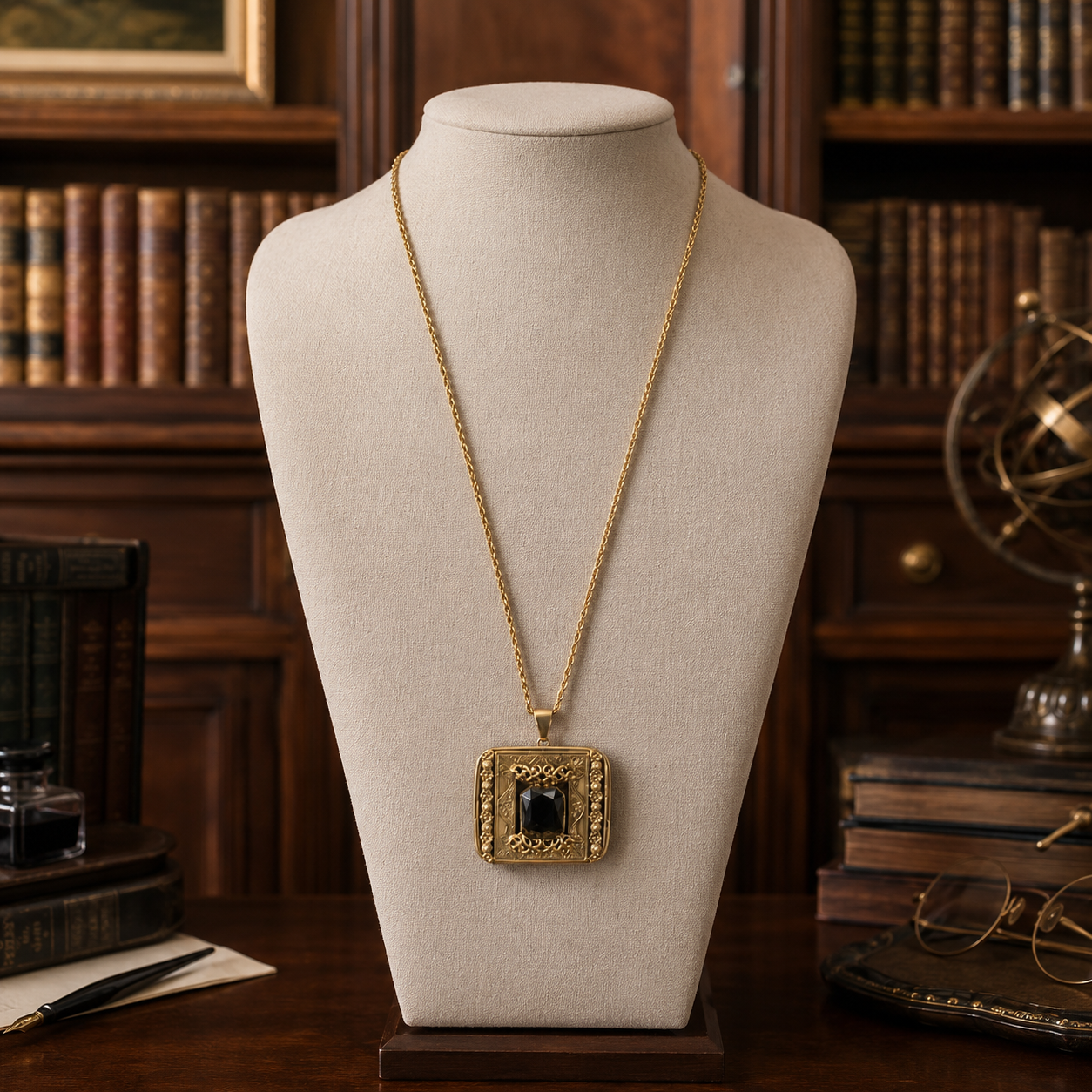 Vintage Gold-Tone Smoky Glass Floral Pendant Necklace 30 Inches