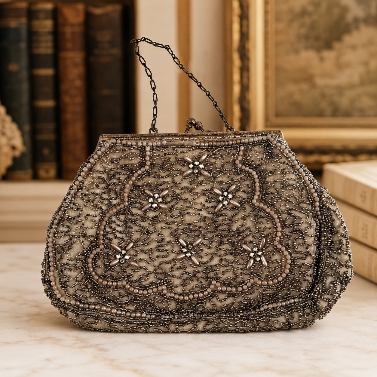 Vintage Touch of Nina Gold Mesh Evening Clutch with Chain Strap | Ornate Beaded Formal Bag