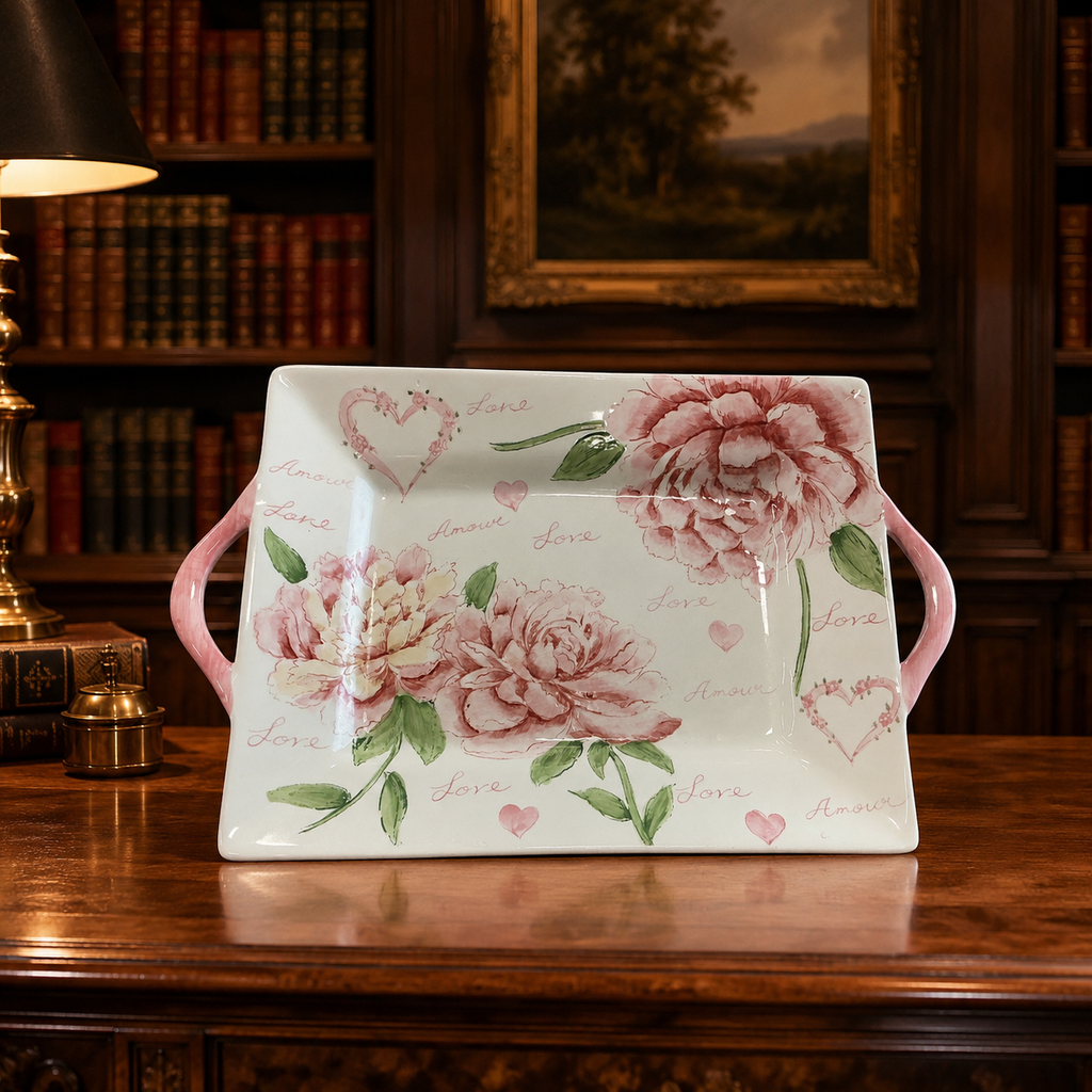 Amour Hand-Painted Peony Porcelain Serving Tray