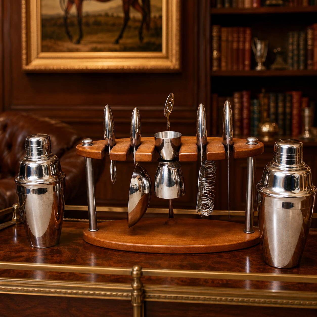 Wood Stand Bar Tool Set with Two Cocktail Shakers