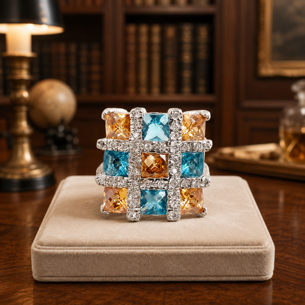 Silver-Tone Blue and Orange Square-Cut CZ Cocktail Ring