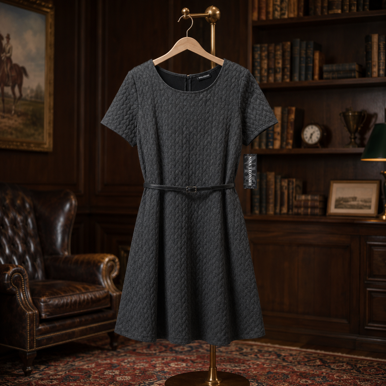 Nina Leonard Charcoal Textured Belted A-Line Dress Size XL NWT