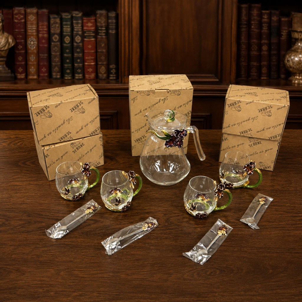Semake Enamel Iris Glass Tea Set, 9-Piece Pitcher, Mug & Spoon Set