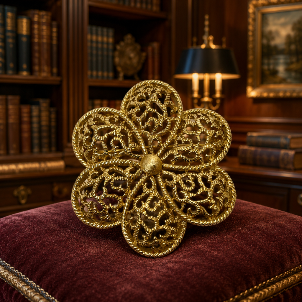 Vintage Trifari Gold-Tone Openwork Flower Brooch