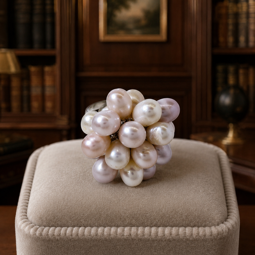 Silver-Tone Pink and White Pearl Cluster Statement Ring