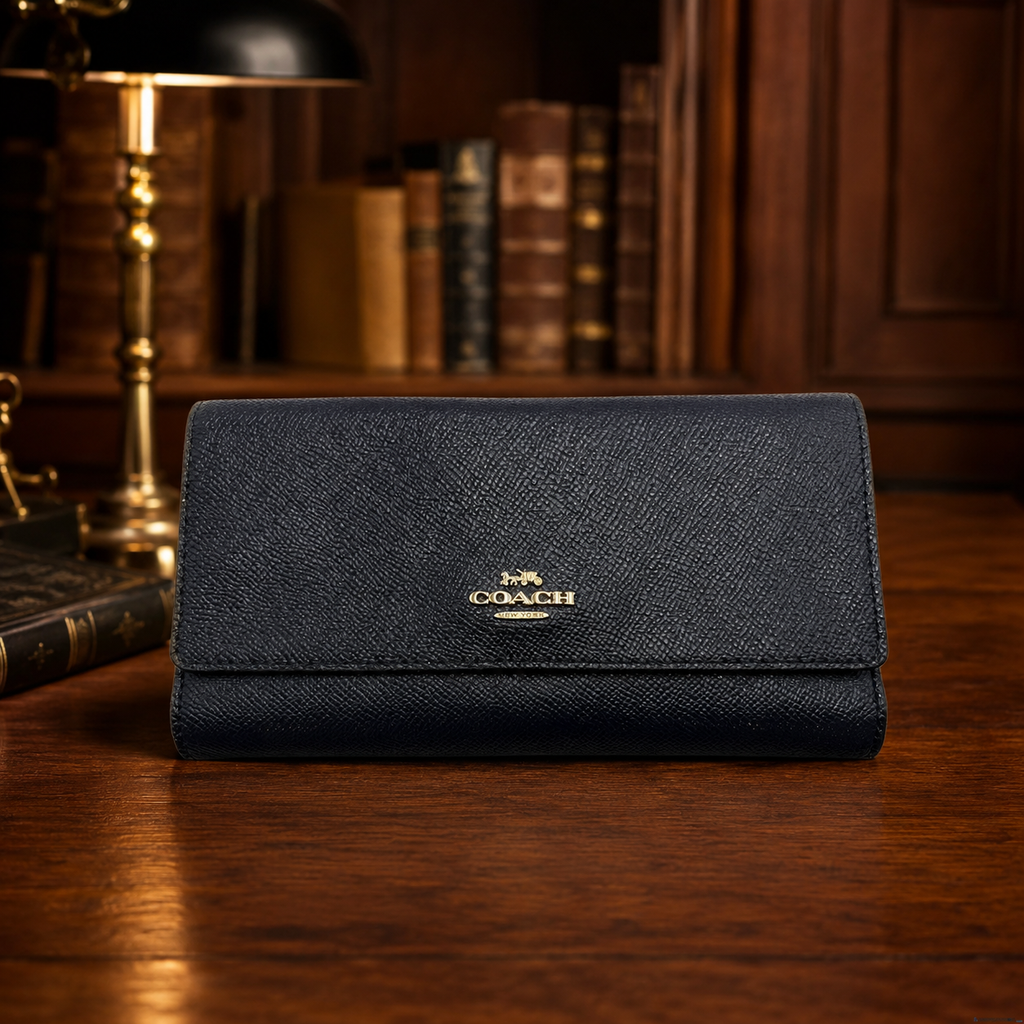 Coach Navy Blue Crossgrain Leather Trifold Wallet with Gold Logo