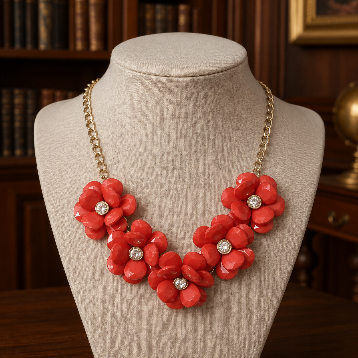 Gold Tone Dark Coral Flower Statement Necklace 84.0g