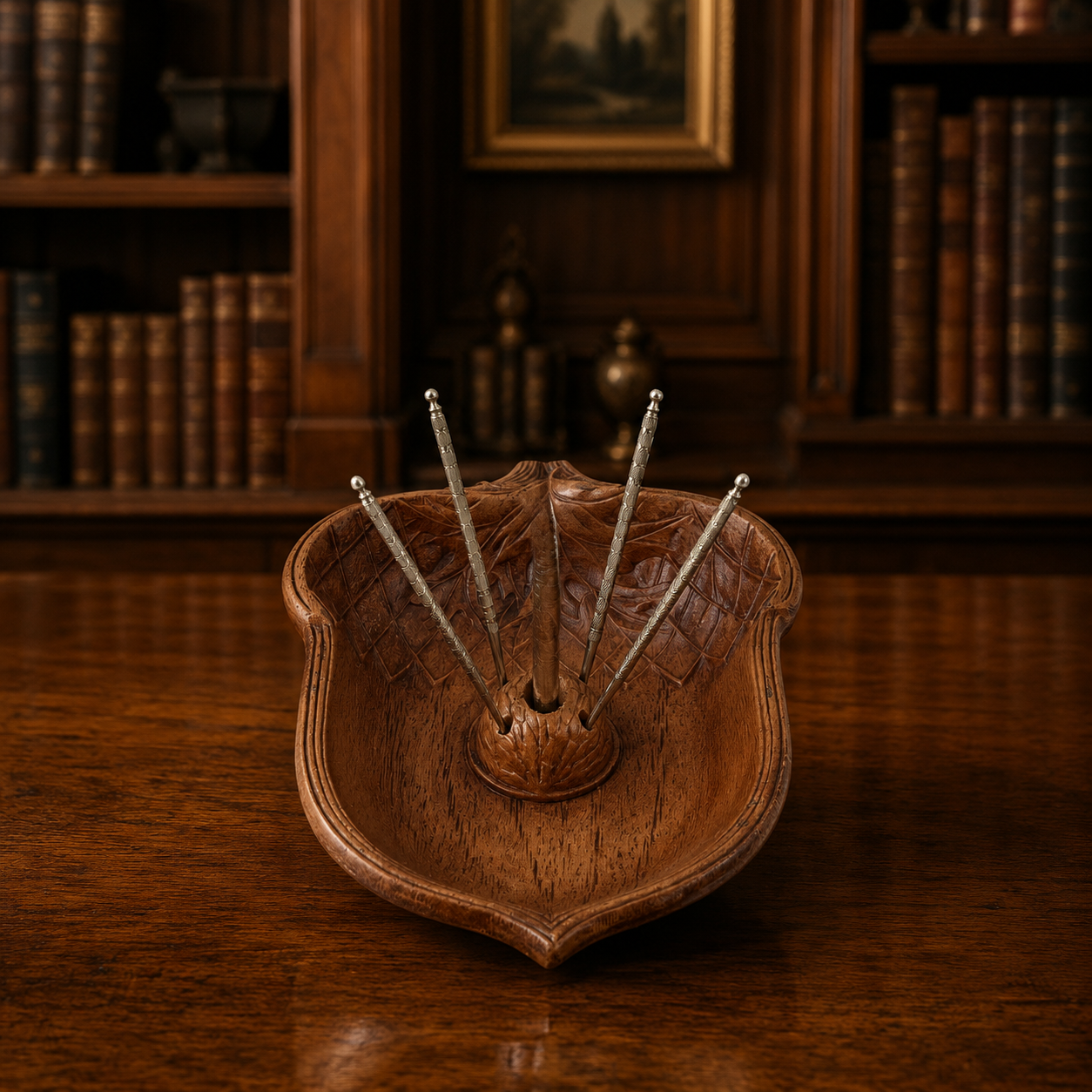 Acorn Nut Serving Tray with Nutcracker and Four Picks