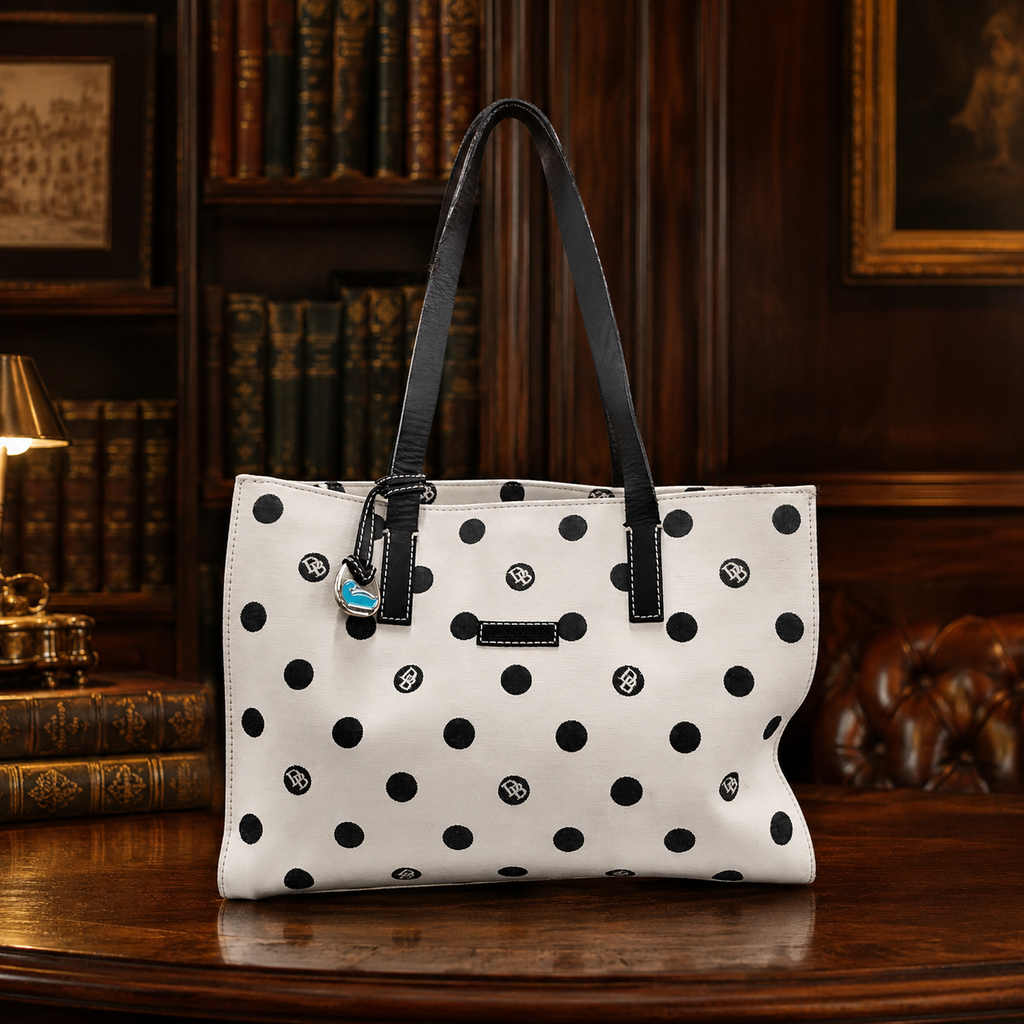 Dooney & Bourke White Black Dot Canvas Tote Handbag