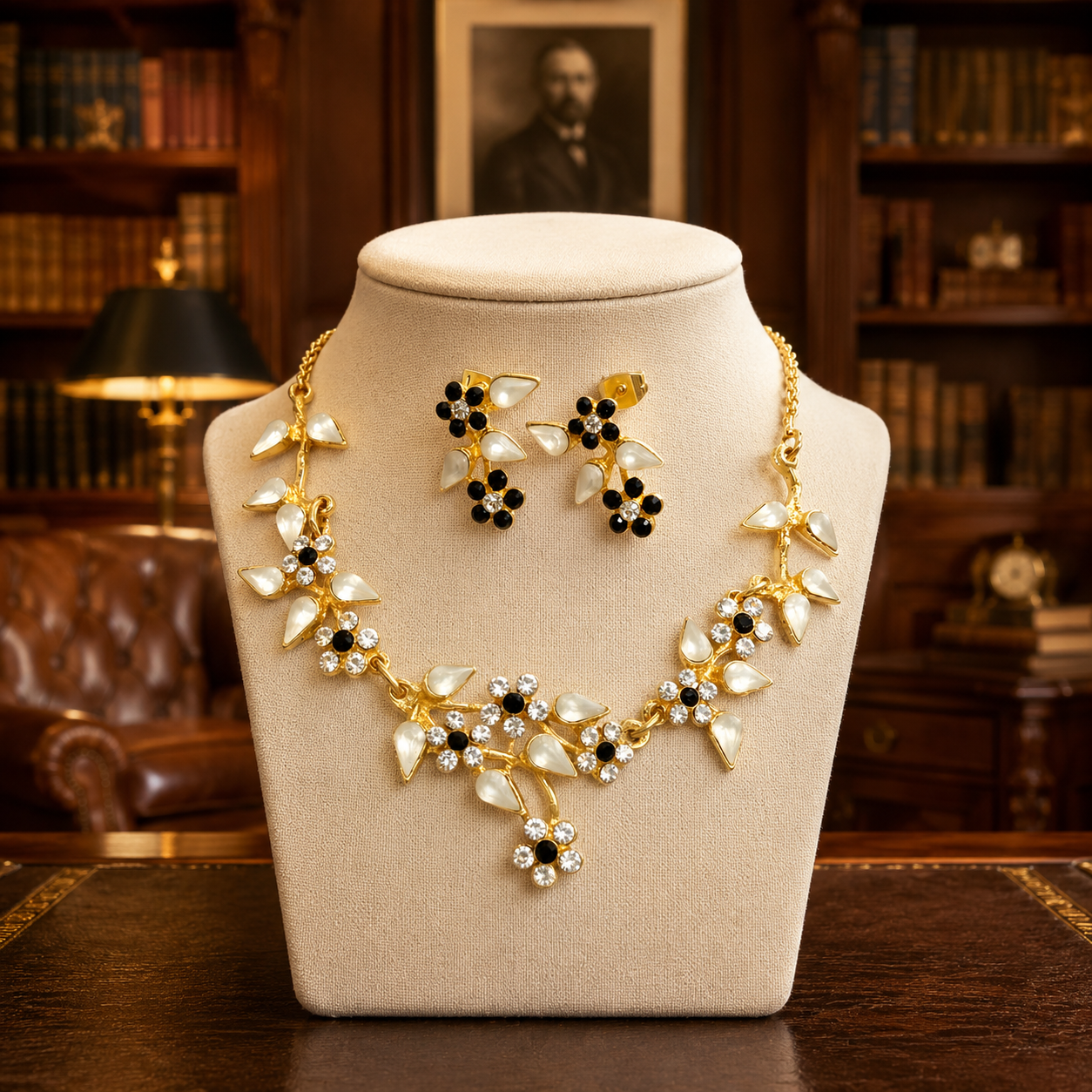 Yoni Z Black & White Crystal Flower Necklace Set