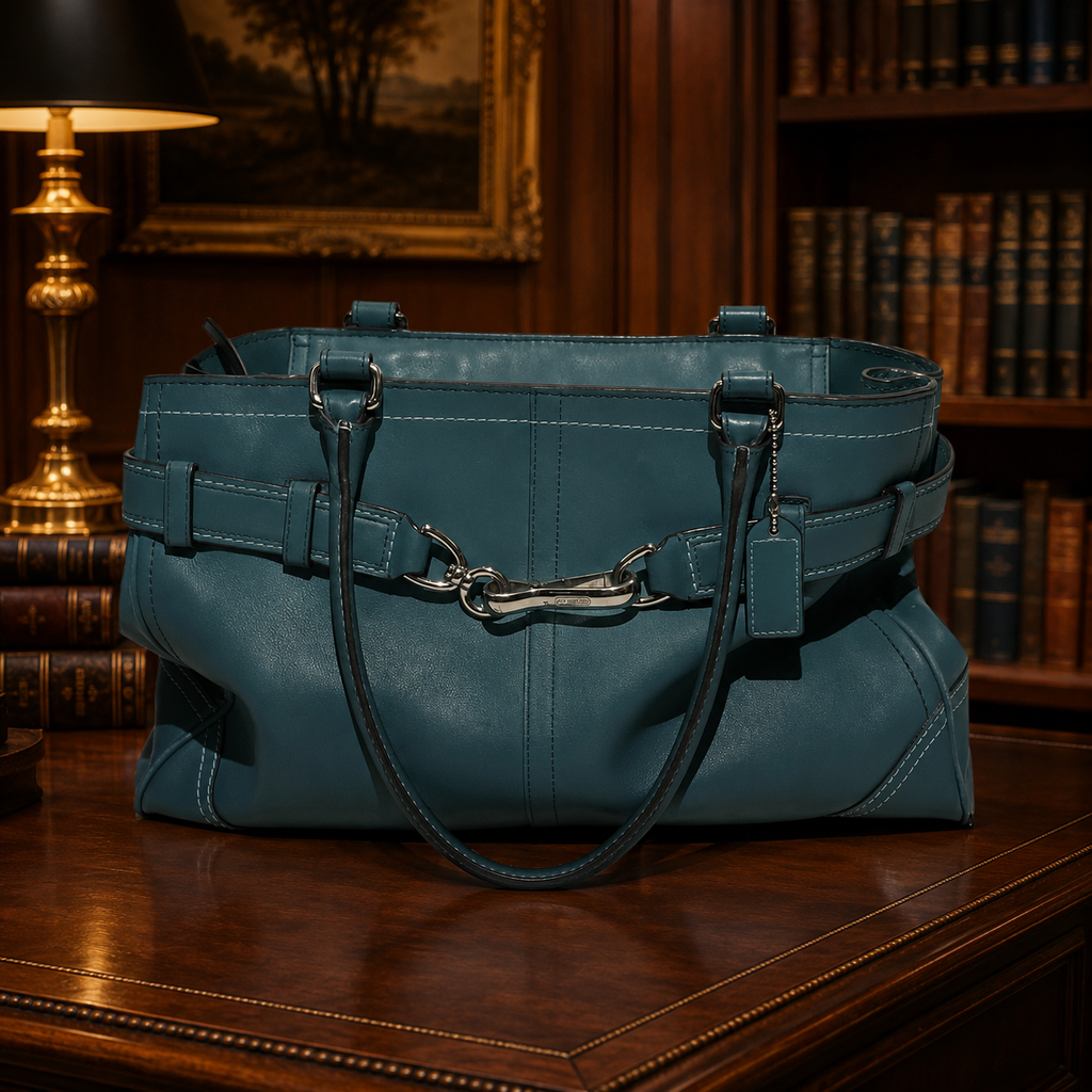 Coach Teal Leather Shoulder Bag with Silver Hardware and Tasseled Straps