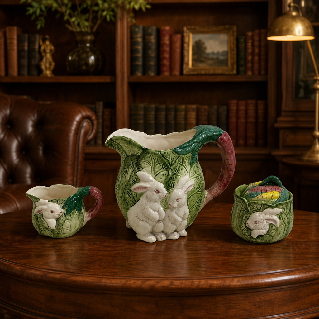 Bunny Lane Green Ceramic Cabbage Tea Set with Rabbit and Carrot Motifs