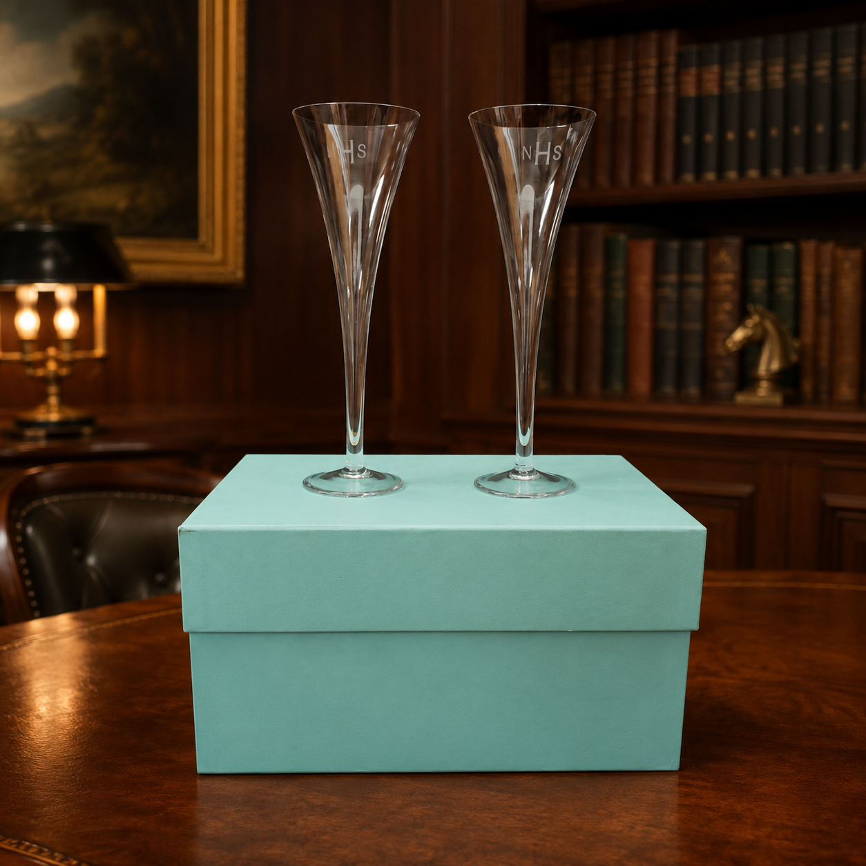 Tiffany & Co. Etched NHS Champagne Flutes, Set of 2