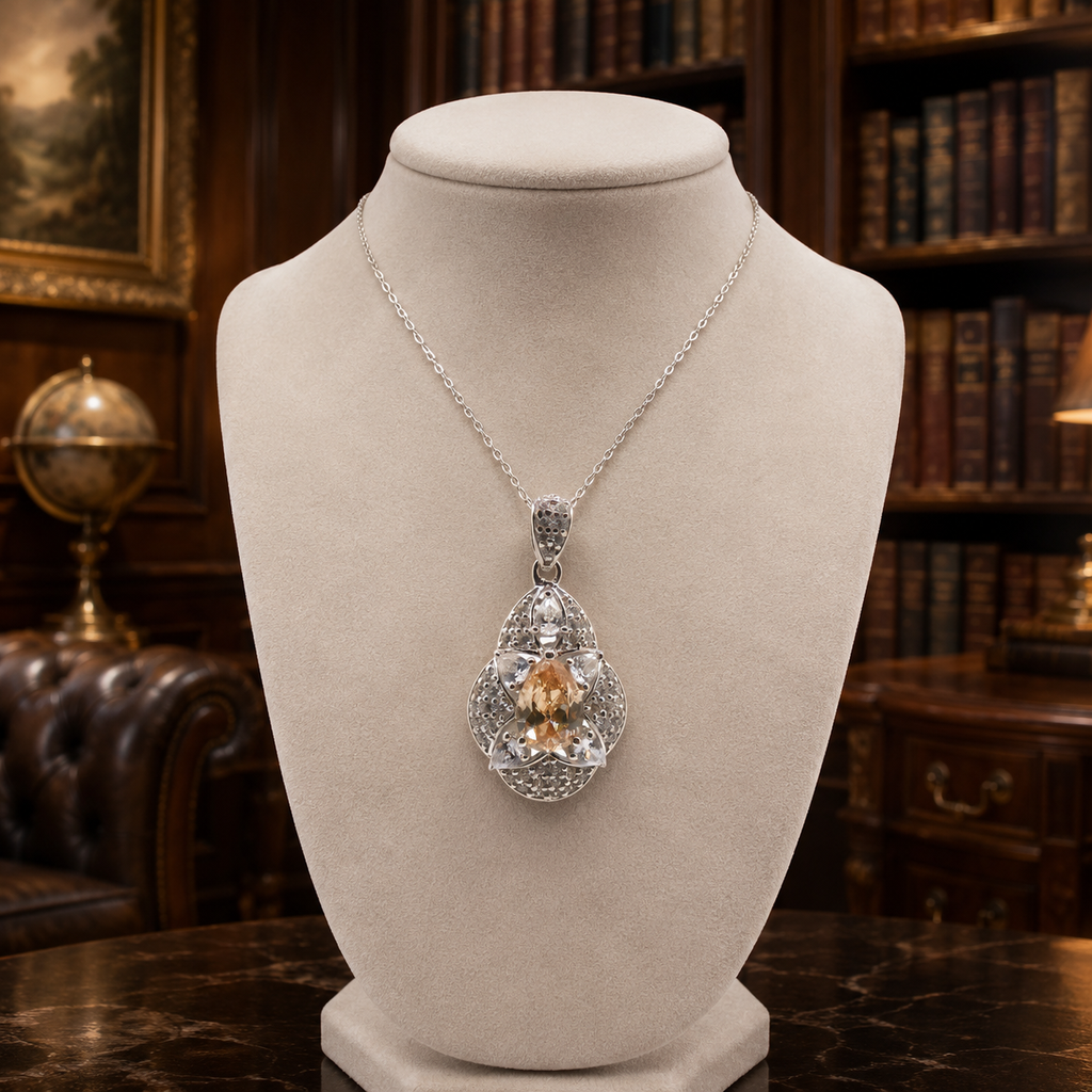 Silver-Tone Simulated Citrine Pavé Flower Pendant Necklace