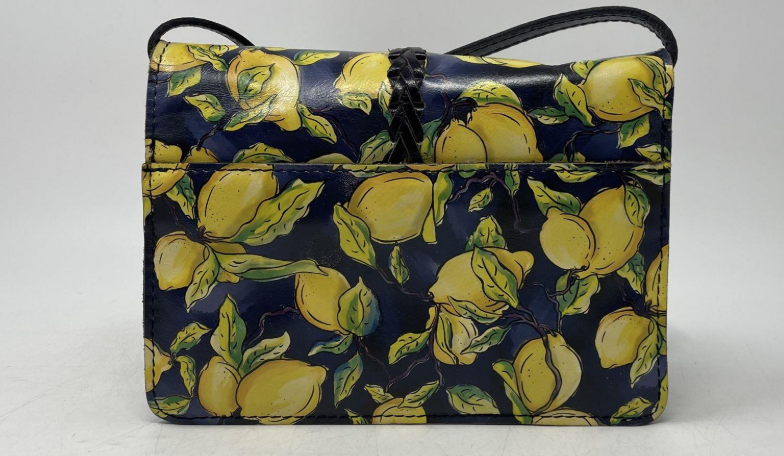 (UPDATED NEEDED - Print is Positano) Patricia Nash Lemon Print Leather Crossbody Bag | Blue Italian Style Citrus Pattern Handbag