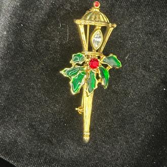 Christmas Candle Brooch with Holly and Rhinestone Accent