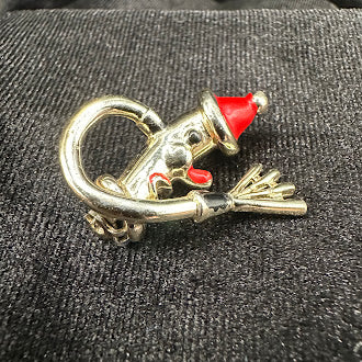 Santa Fire Hydrant Figural Brooch Holiday Novelty Pin Silver Gold Tone with Red Enamel Accents