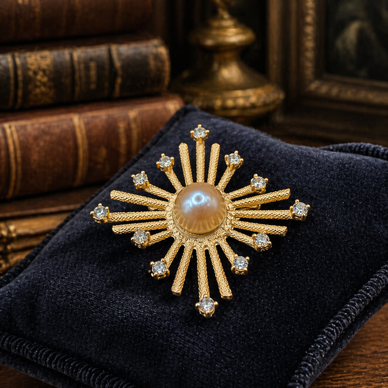 Dalsheim Signed Sunburst Starburst Brooch Simulated Pearl Center Crystal Tips Gold Tone