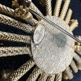 Dalsheim Signed Sunburst Starburst Brooch Simulated Pearl Center Crystal Tips Gold Tone