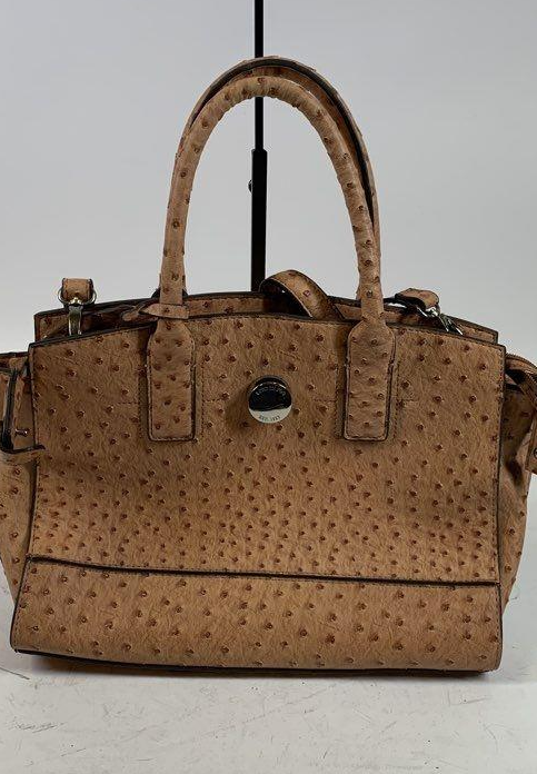London Fog Tan Ostrich Embossed Satchel Faux Leather Top Handle Structured Handbag