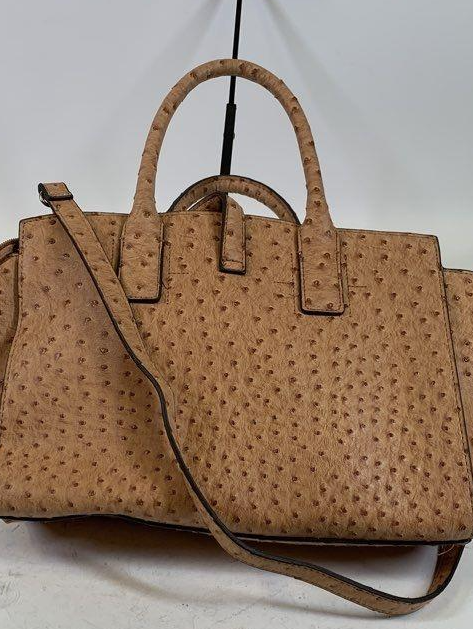 London Fog Tan Ostrich Embossed Satchel Faux Leather Top Handle Structured Handbag