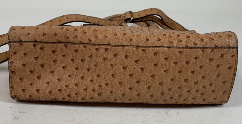 London Fog Tan Ostrich Embossed Satchel Faux Leather Top Handle Structured Handbag