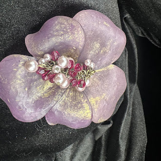 Purple Lucite Flower Brooch with Pearl and Pink Crystal Cluster Center