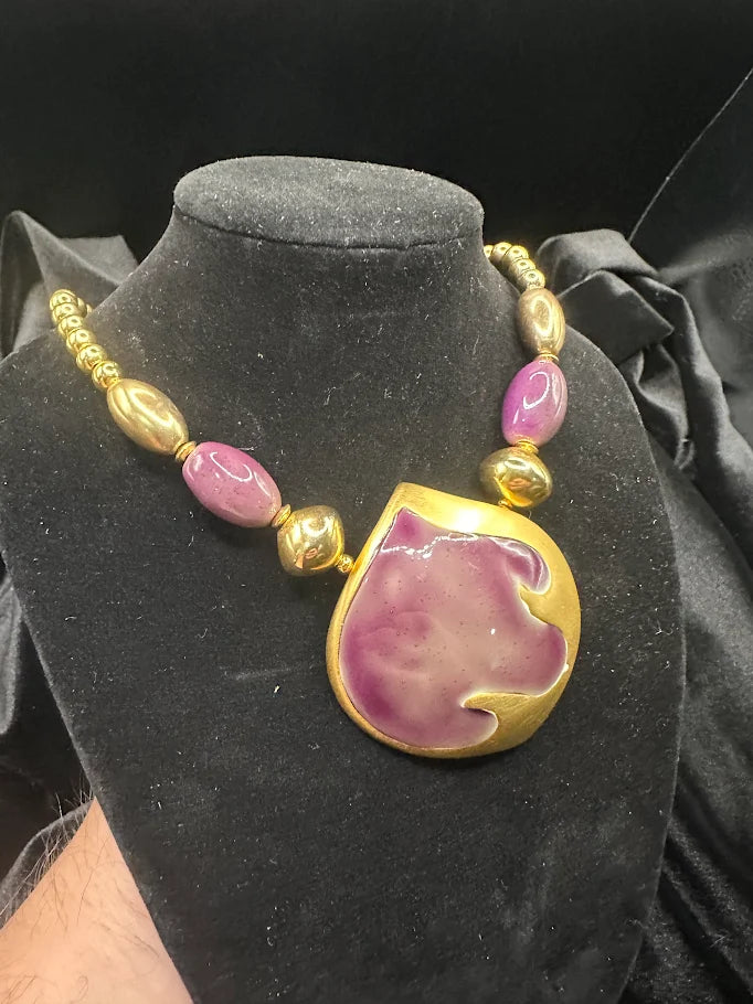 Gold tone purple enamel pendant statement necklace