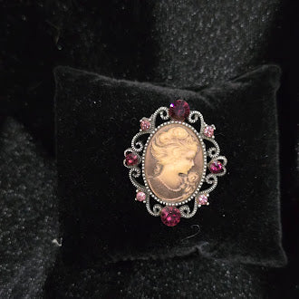 Vintage Victorian Revival Cameo Brooch with Pink & Purple Rhinestone Scroll Frame | Oval Portrait Pin