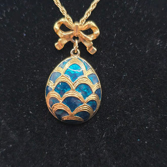 Vintage Avon Gold Tone Bow Necklace with Blue Enamel Egg Pendant, Easter Egg Charm Necklace, Signed Avon Jewelry