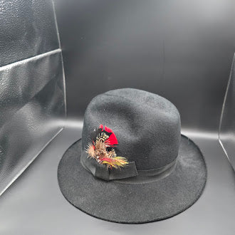Adolfo II black felt fedora style hat with feather accent