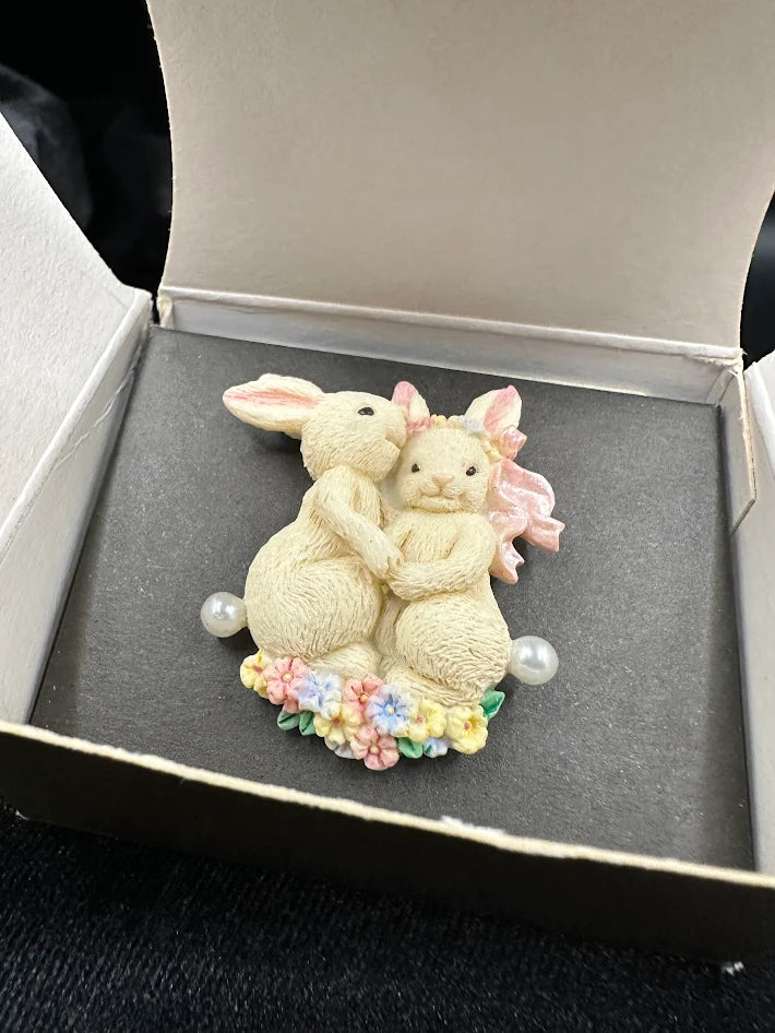 Avon Bunny Brooch With Faux Pearl Accents and Original Box