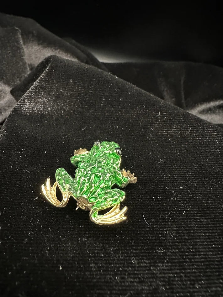 Swarovski Gold Tone Green Enamel Frog Brooch with Black Crystal Eyes