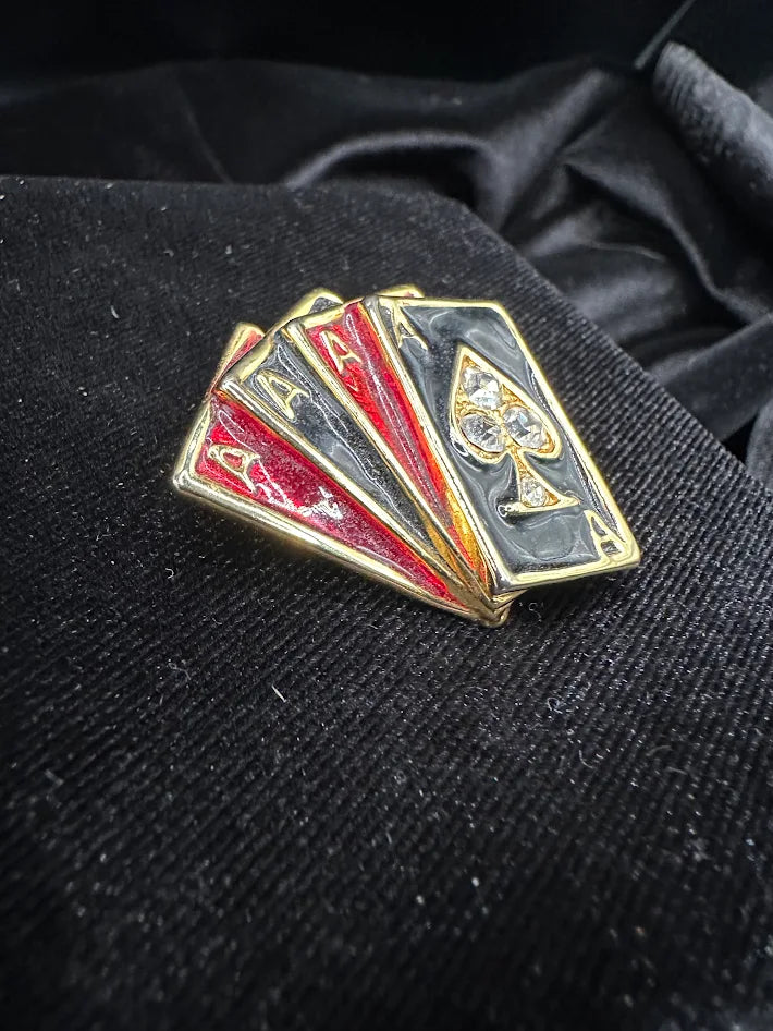 Gold tone enamel playing card brooch with clear rhinestones