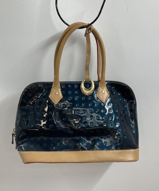 (SOLD) Arcadia Italian Patent Leather Satchel, Blue Embossed Dome Bag with Tan Trim