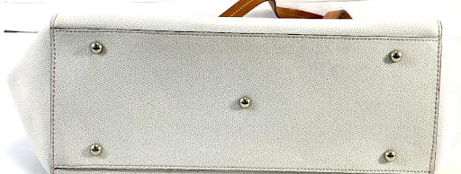 Dooney & Bourke White Pebbled Leather Tote – Tan Trim Shoulder Bag w/ Colorful Chevron Interior
