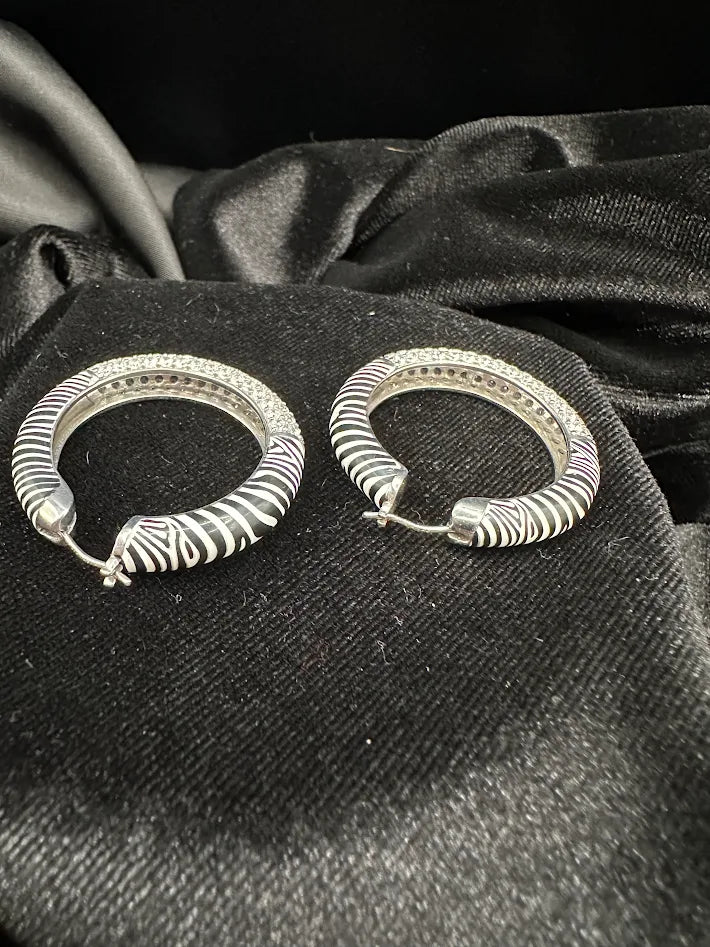 925 Sterling Silver Moissanite Pave Hoop Earrings Zebra Pattern Large Statement Hoops 1.5in 18.2g