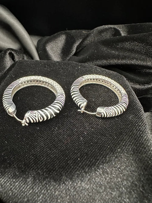 925 Sterling Silver Moissanite Pave Hoop Earrings Zebra Pattern Large Statement Hoops 1.5in 18.2g