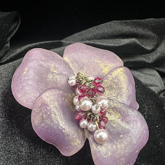Purple Lucite Flower Brooch with Pearl and Pink Crystal Cluster Center