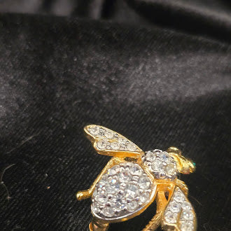 Signed Joan Rivers Gold Tone Pavé Crystal Bee Brooch with Green Rhinestone Eyes, Designer Insect Pin