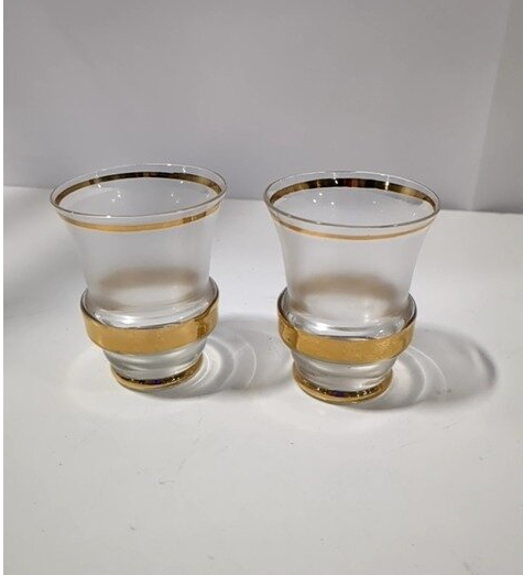 Mid-Century Frosted Glass Decanter and 5 Glasses, Gold Band